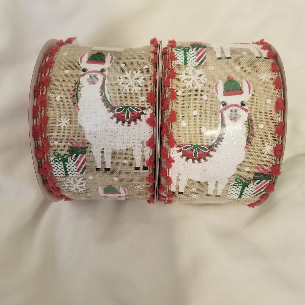 Christmas Llama wired ribbons, set of 2